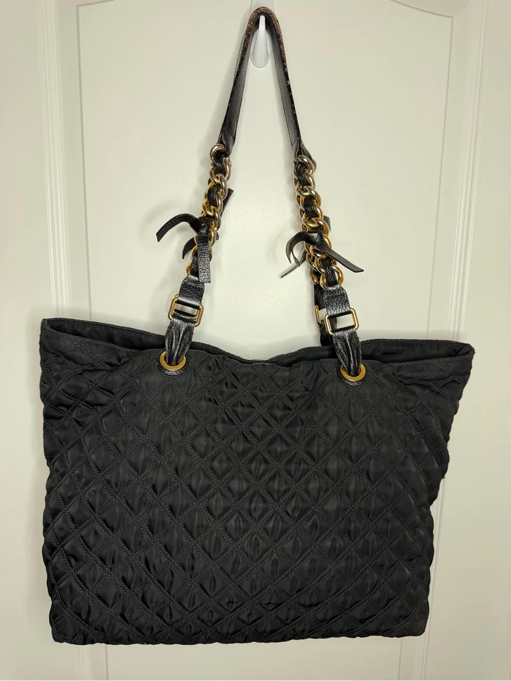 Marc Jacobs Black Quilted Nylon Tote Bag Leather Chain Strap Gold Hardware